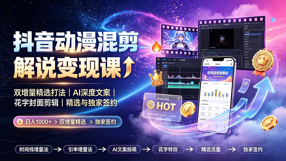 抖音动漫混剪解说变现课:双增量精选打法|AI深度文案|花字封面剪辑| 精选与独家签约日入1000+-御文网