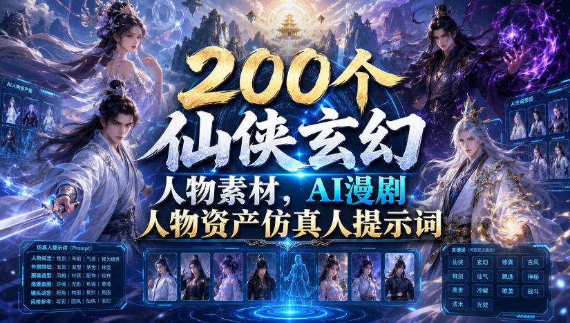 200个仙侠玄幻人物素材，AI漫剧人物资产仿真人提示词-御文网