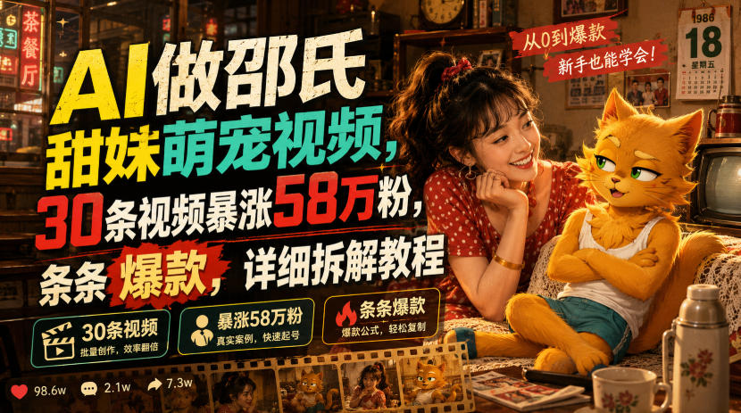 AI做邵氏甜妹萌宠视频，30条视频暴涨58万粉，条条爆款，详细拆解教程-御文网