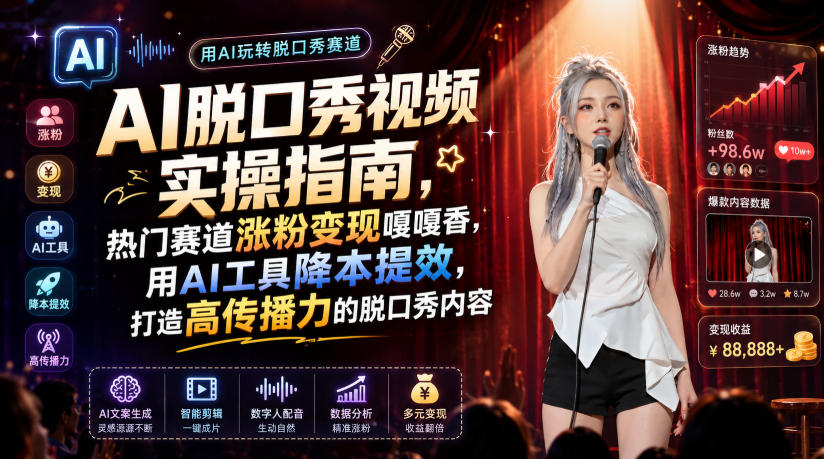 AI脱口秀视频实操指南，热门赛道涨粉变现嘎嘎香，用AI工具降本提效，打造高传播力的脱口秀内容-御文网
