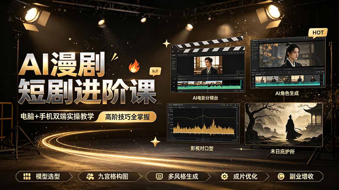 AI漫剧短剧进阶课｜电脑+手机双端实操教学｜影视剧对口型人物吃瓜×解压末日庇护所全程讲解，高阶技巧全掌握-御文网