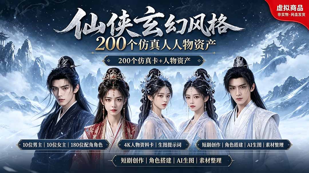 200个仙侠玄幻仿真人素材◆10男主×10女主×180配角,4K资料卡+AI生图提示词,漫剧必备-御文网