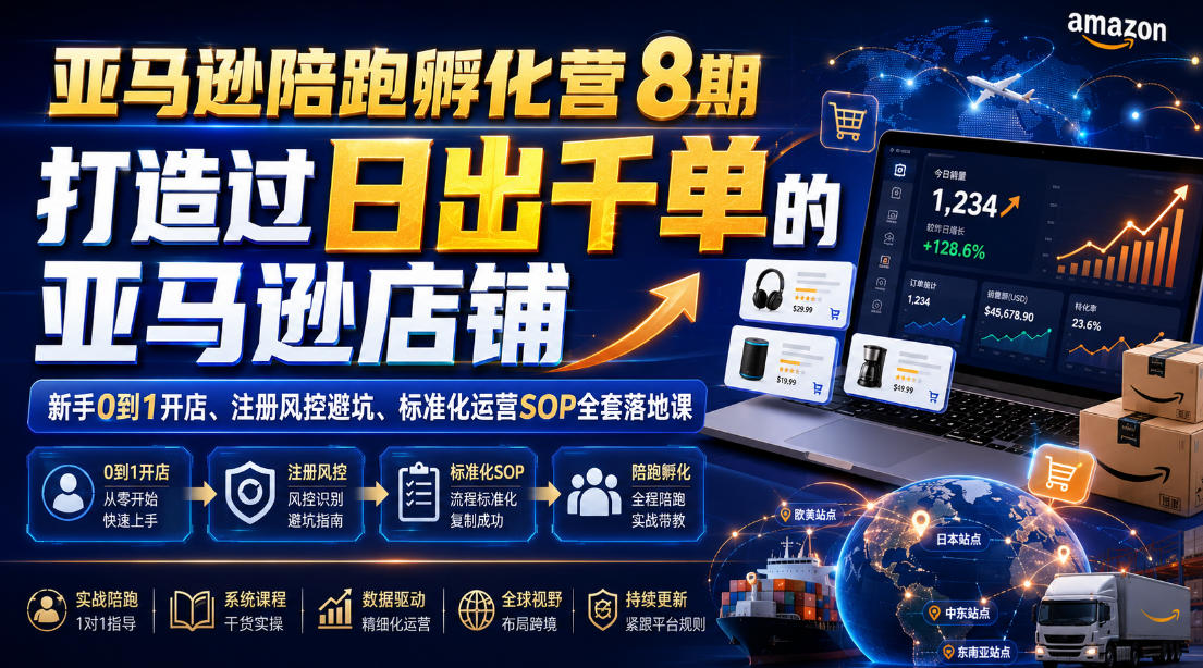 亚马逊陪跑孵化营8期，打造过日出千单的亚马逊店铺，新手0到1开店、注册风控避坑、标准化运营SOP全套落地课-御文网