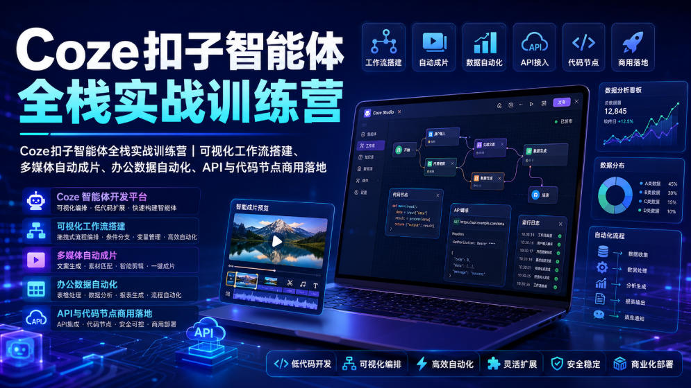 Coze扣子智能体全栈实战训练营｜可视化工作流搭建、多媒体自动成片、办公数据自动化、API与代码节点商用落地-御文网