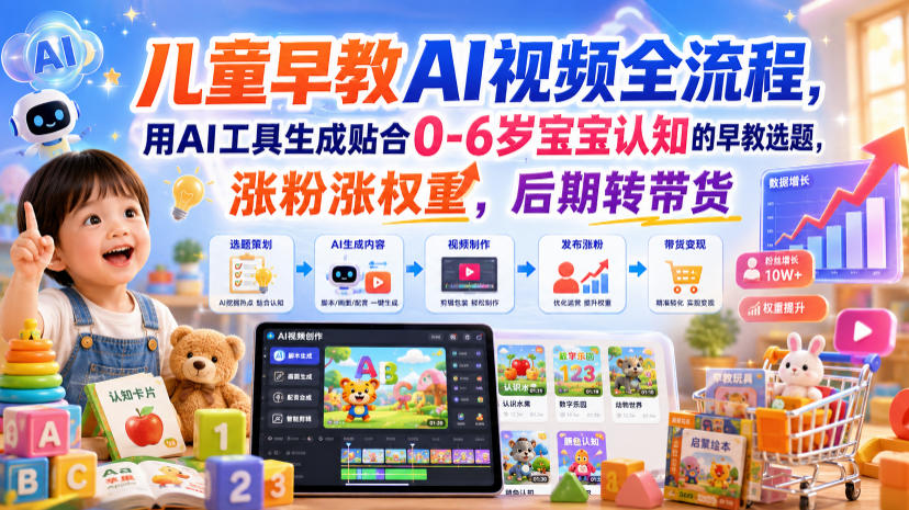儿童早教AI视频全流程，用AI工具生成贴合0-6岁宝宝认知的早教选题，涨粉涨权重，后期转带货-御文网