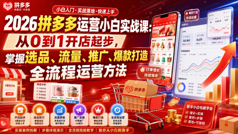 2026拼多多运营小白实战课：从0到1开店起步，掌握选品、流量、推广、爆款打造全流程运营方法-御文网