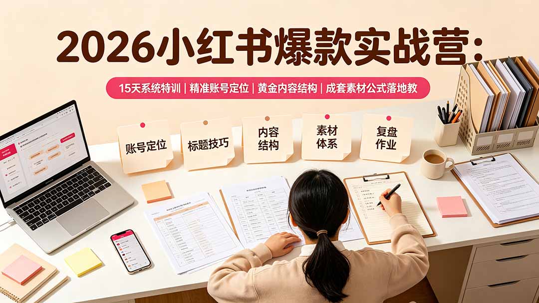 2026小红书爆款实战营:15天系统特训|精准账号定位|黄金内容结构|成套素材公式落地教程-御文网