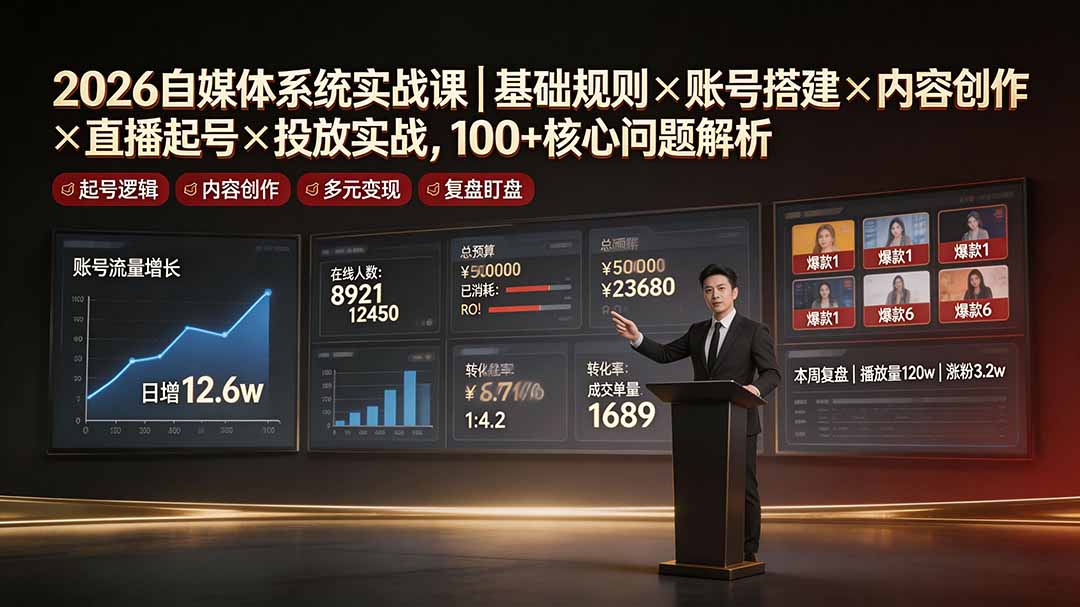 2026自媒体系统实战课｜基础规则×账号搭建×内容创作×直播起号×投放实战，100+核心问题解析-御文网
