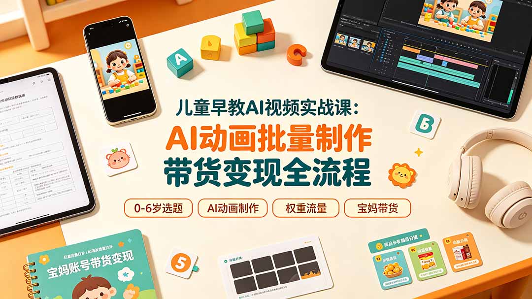 儿童早教AI视频实战课:0-6岁认知选题|AI动画批量制作|权重流量拉升|宝妈账号带货变现全流程-御文网