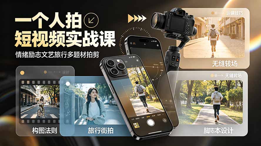 一个人拍短视频实战课:情绪励志文艺旅行多题材×五大景别×黄金构图×八大运镜,从拍摄到成片高效创作-御文网