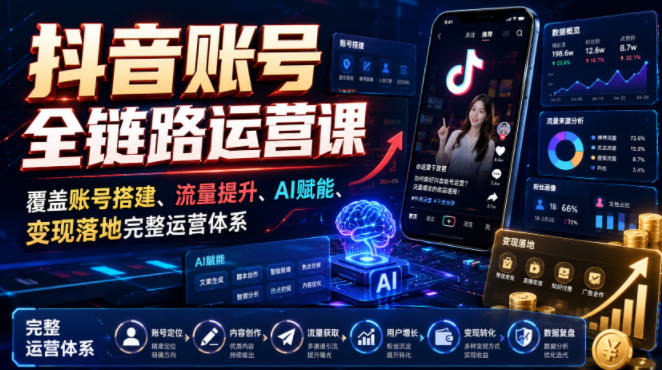 抖音账号全链路运营课，覆盖账号搭建、流量提升、AI赋能、变现落地完整运营体系-御文网