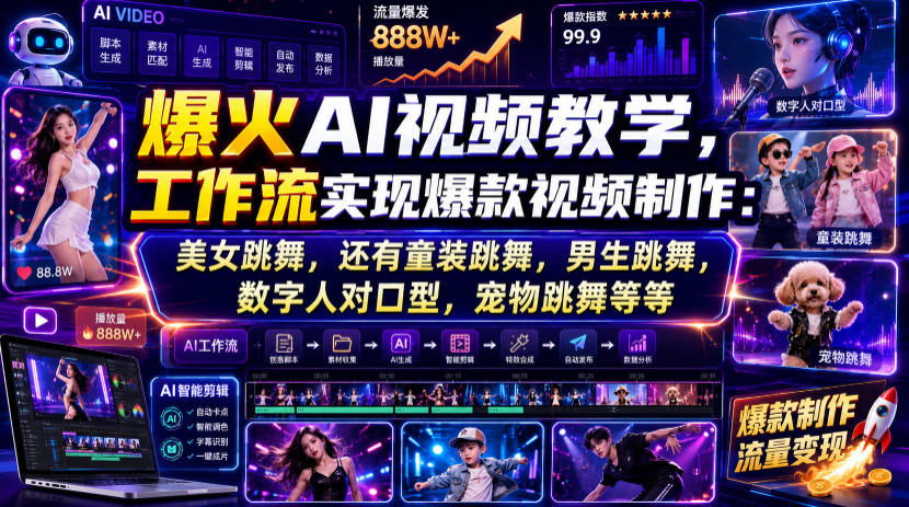 爆火AI视频教学，工作流实现爆款视频制作：美女跳舞，还有童装跳舞，男生跳舞，数字人对口型，宠物跳舞等等-御文网