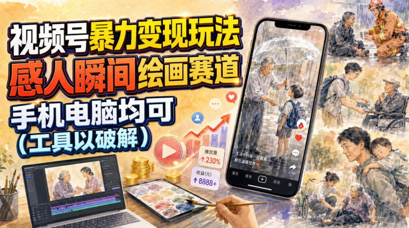 视频号暴力变现玩法,感人瞬间绘画赛道,手机电脑均可-御文网
