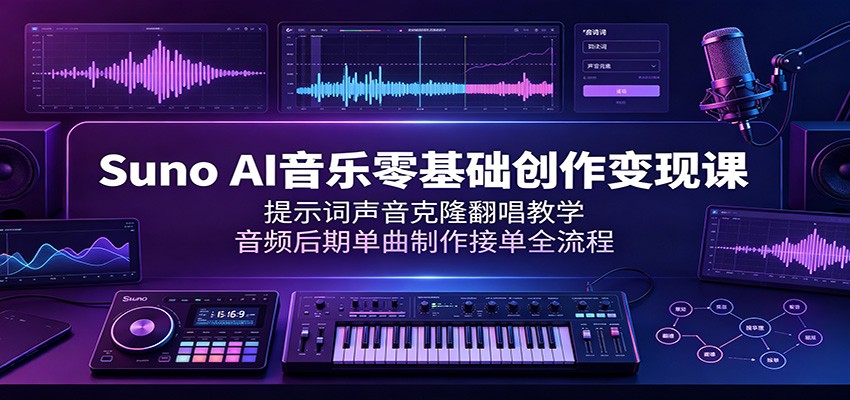 Suno AI音乐零基础创作变现课:提示词声音克隆翻唱教学,音频后期单曲制作接单全流程-御文网