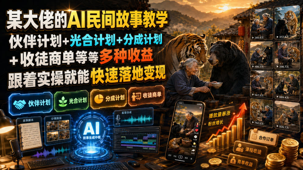 某大佬的AI民间故事教学，伙伴计划+光合计划+分成计划+收徒商单等多种收益，跟着实操就能快速落地变现-御文网