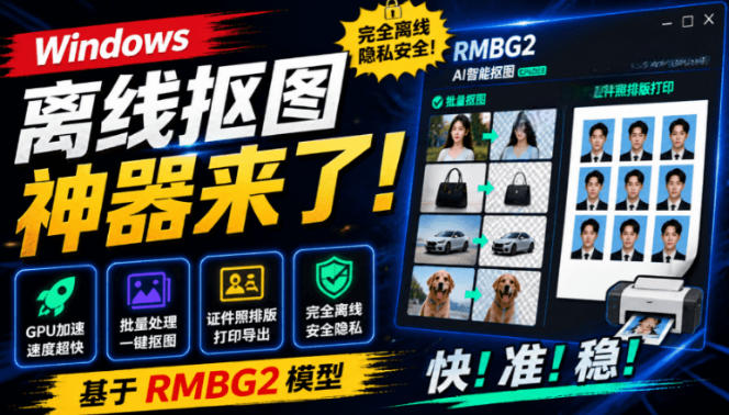Windows离线抠图神器来了！支持批量抠图+证件照排版打印，基于RMBG2模型，GPU加速方块AI抠图-御文网