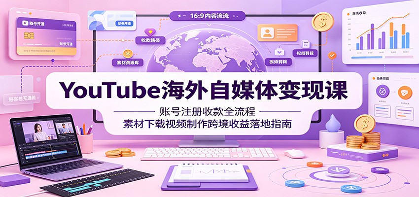 YouTube海外自媒体变现课:账号注册收款全流程,素材下载视频制作跨境收益落地指南-御文网
