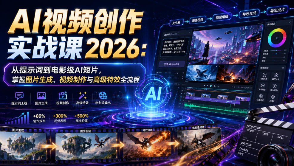 AI视频创作实战课2026:从提示词到电影级AI短片,掌握图片生成、视频制作与高级特效全流程-御文网