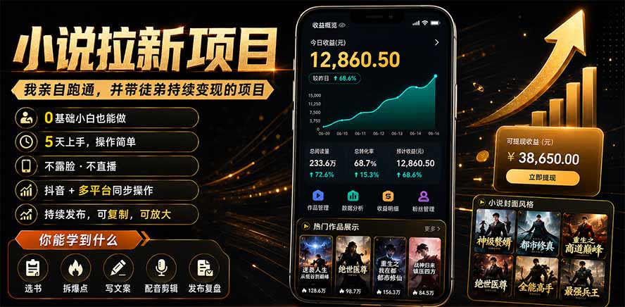 抖音及多平台小说拉新项目:我亲自跑通并持续带徒弟实操|0基础小白5天上手快速变现-御文网