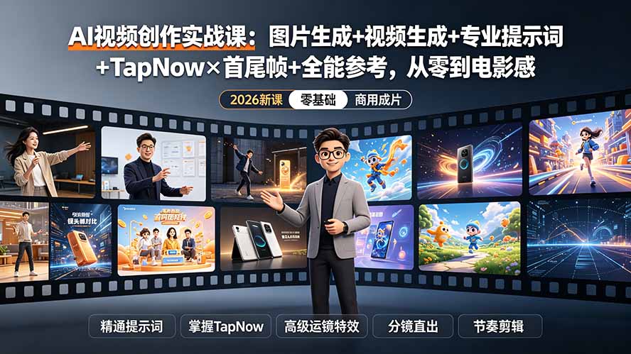 AI视频创作实战课：图片生成+视频生成+专业提示词+TapNow×首尾帧+全能参考，从零到电影感成片-御文网