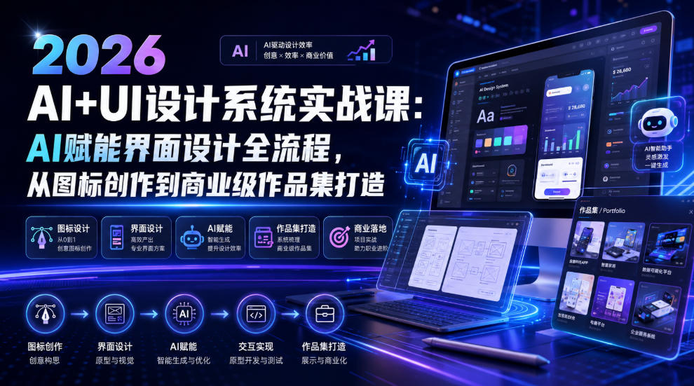 2026 AI+UI设计系统实战课:AI赋能界面设计全流程,从图标创作到商业级作品集打造-御文网