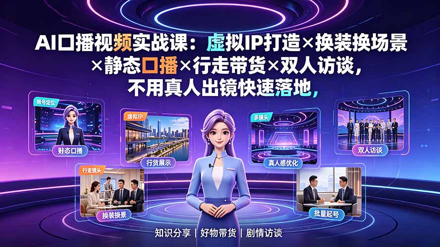 AI口播视频实战课：虚拟IP打造×换装换场景×静态口播×行走带货×双人访谈，不用真人出镜快速落地-御文网