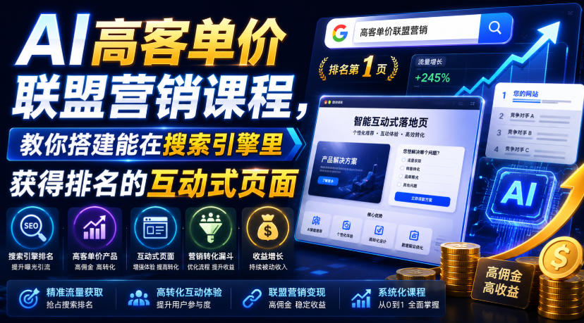 AI高客单价联盟营销课程，教你搭建能在搜索引擎里获得排名的互动式页面，引来流量，把访客转化为高佣金的成交【原创双语字幕】-御文网