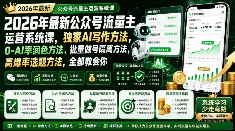 2026年最新公众号流量主运营系统课，独家AI写作方法，0-AI率润色方法、批量做号隔离方法、高爆率选题方法，全都教会你-御文网