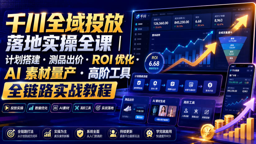 千川全域投放落地实操全课｜计划搭建・测品出价・ROI优化・AI素材量产・高阶工具全链路实战教程-御文网