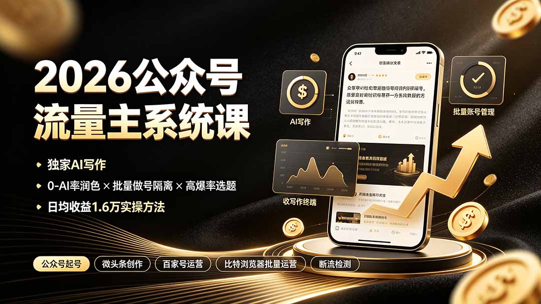 2026公众号流量主系统课：独家AI写作×0-AI率润色×批量做号隔离×高爆率选题，日均收益1.6万实操方法-御文网