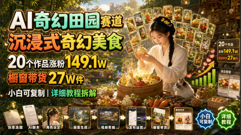 AI奇幻田园赛道，沉浸式奇幻美食，20个作品涨粉149.1W，橱窗带货27W件，小白可复制，详细教程拆解-御文网