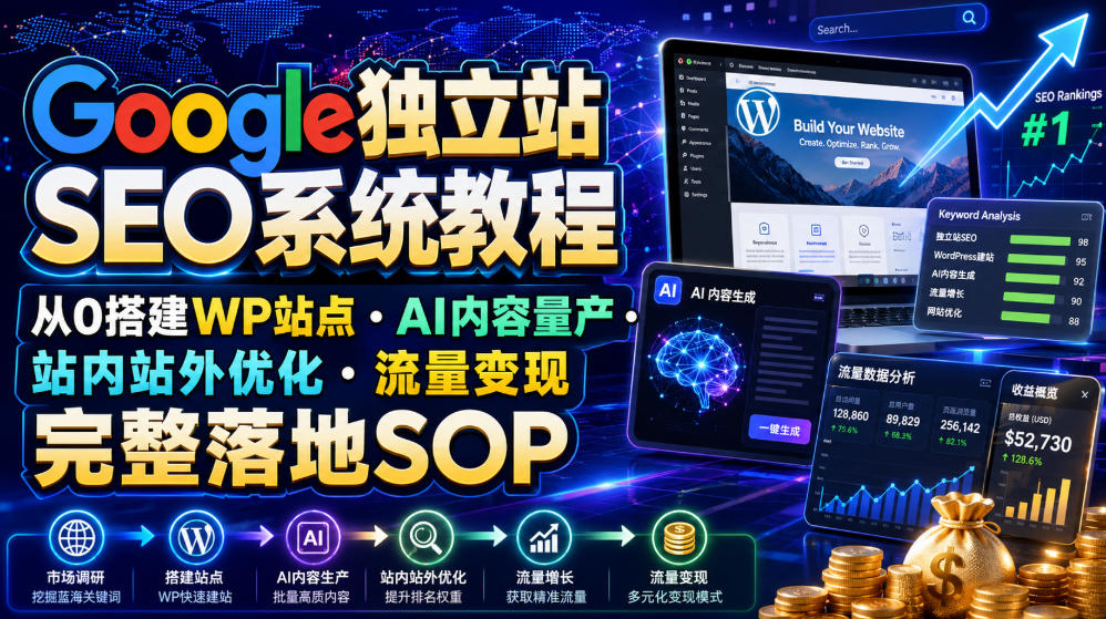 Google独立站SEO系统教程，从0搭建WP站点・AI内容量产・站内站外优化・流量变现完整落地SOP(2026年7月)-御文网