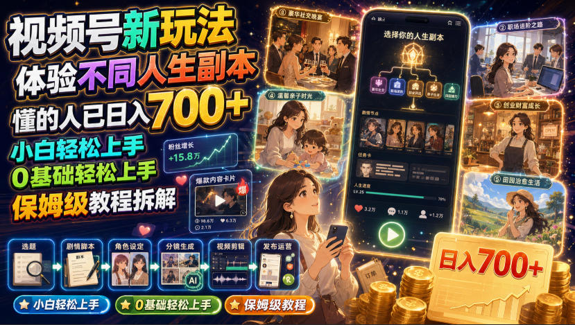 视频号新玩法体验不同人生副本,懂的人已日入700+,小白轻松上手,0基础轻松上手,保姆级教程拆解-御文网