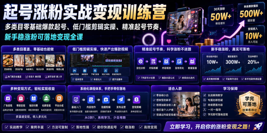 苗子起号涨粉实战变现训练营,多类目零基础爆款起号、精准起号节奏、新手稳涨粉可落地变现全课(更新0719)-御文网