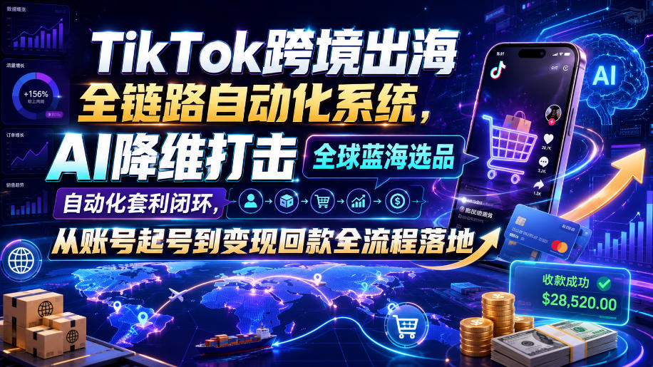 TikTok跨境出海全链路自动化系统，AI降维打击全球蓝海选品自动化套利闭环，从账号起号到变现回款全流程落地(2026年7月)-御文网