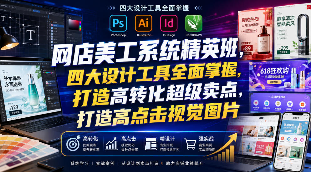 网店美工系统精英班,四大设计工具全面掌握,打造高转化超级卖点,打造高点击视觉图片(2026年7月)-御文网