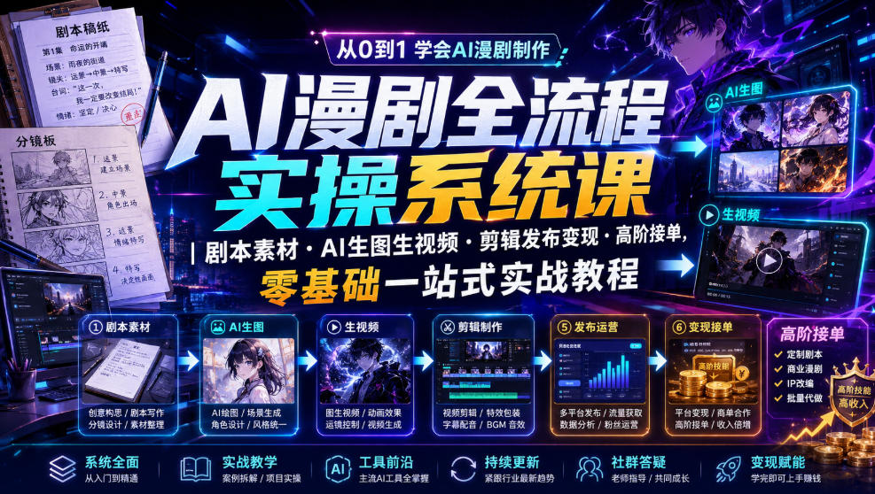 AI漫剧全流程实操系统课|剧本素材・AI生图生视频・剪辑发布变现・高阶接单,零基础一站式实战教程-御文网
