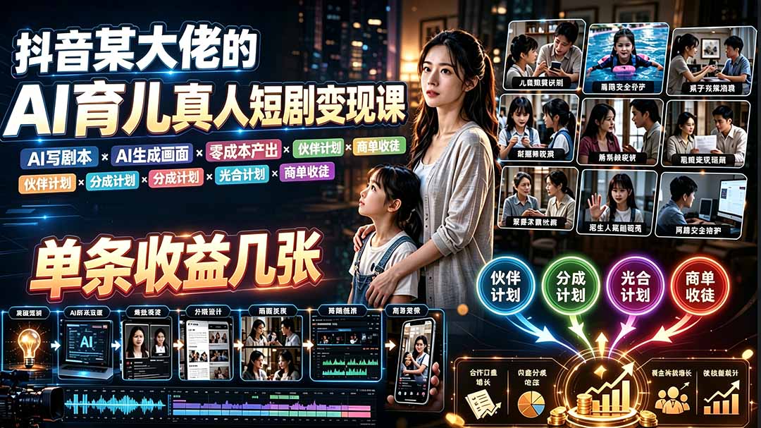 AI育儿真人短剧变现课:AI写剧本×AI生成画面×零成本产出×伙伴计划×分成计划×光合计划×商单收徒-御文网