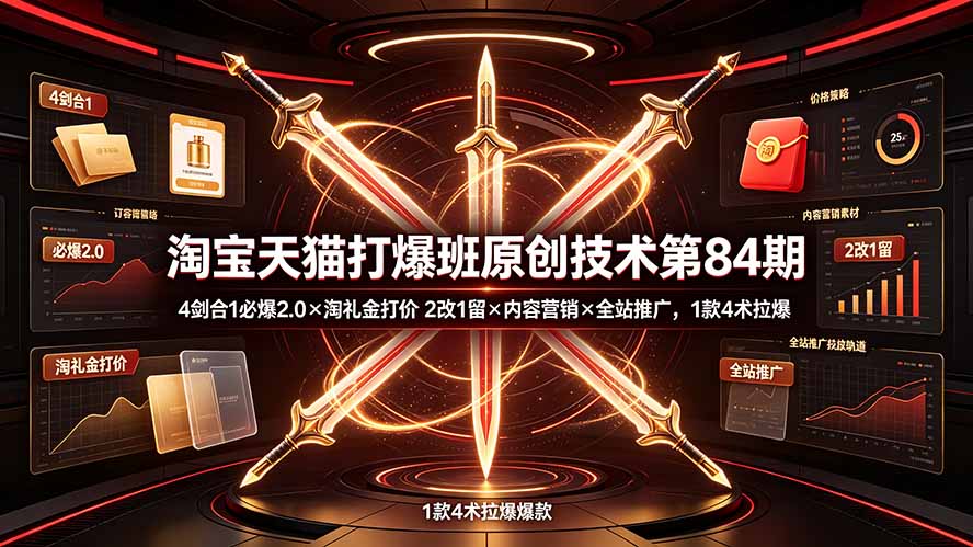 淘宝天猫打爆班原创技术第84期：4剑合1必爆2.0×淘礼金打价×2改1留×内容营销×全站推广，1款4术拉爆-御文网