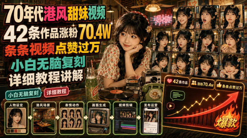 70年代港风甜妹视频,42条作品涨粉70.4W,条条视频点赞过万,小白无脑复刻,详细教程讲解-御文网