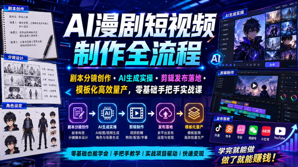 AI漫剧短视频制作全流程|剧本分镜创作・AI生成实操・剪辑发布落地・模板化高效量产,零基础手把手实战课-御文网