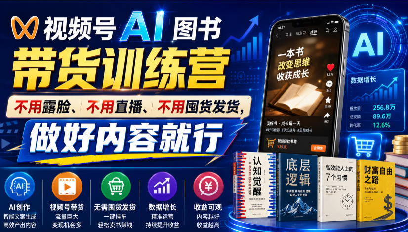 视频号AI图书带货训练营,不用露脸、不用直播、不用囤货发货,做好内容就行,一条爆款视频佣金8942-御文网