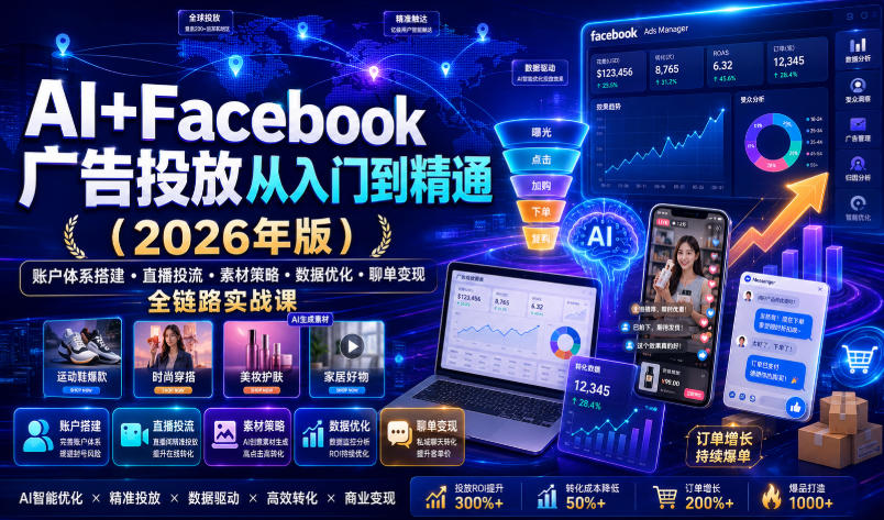 AI+Facebook广告投放从入门到精通(2026年版)|账户体系搭建・直播投流・素材策略・数据优化・聊单变现全链路实战课-御文网