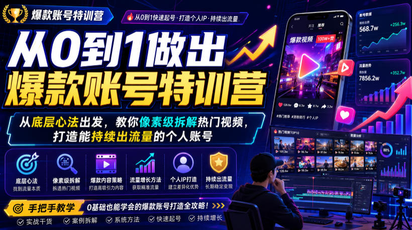 从0到1做出爆款账号特训营，从底层心法出发，教你像素级拆解热门视频，打造能持续出流量的个人账号-御文网