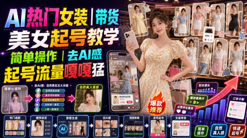 AI热门女装带货丨美女起号教学，简单操作，去AI感，起号流量嘎嘎猛-御文网