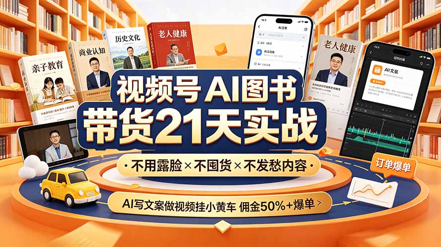 视频号AI图书带货21天实战:不用露脸×不囤货×不发愁内容,AI写文案做视频挂小黄车,佣金50%+爆单-御文网