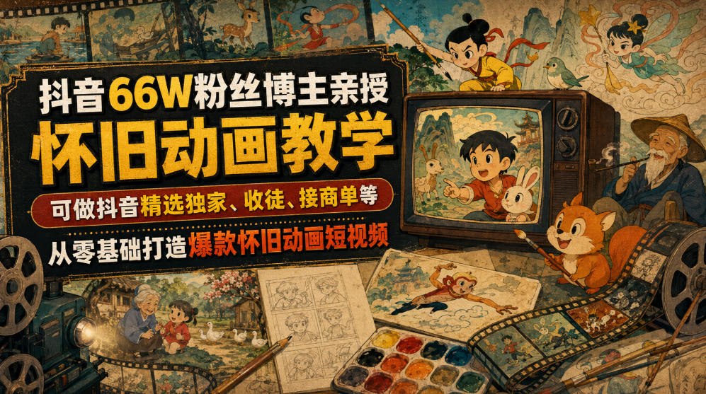 抖音66W粉丝博主亲授怀旧动画教学,可做抖音精选独家、收徒、接商单等,从零基础打造爆款怀旧动画短视频-御文网