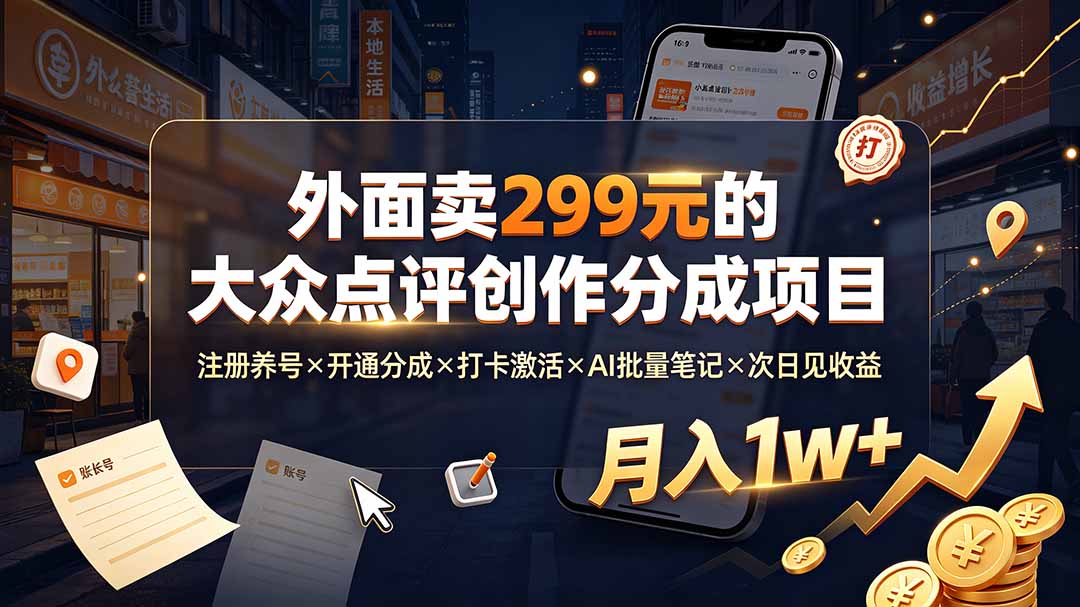 外面卖299元的大众点评创作分成项目:注册养号×开通分成×打卡激活×AI批量笔记×次日见收益,月入1w+-御文网
