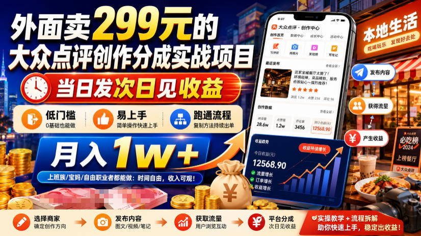 外面卖299元的大众点评创作分成实战项目，当日发次日见收益，低门槛易上手，跑通流程月入1w+-御文网