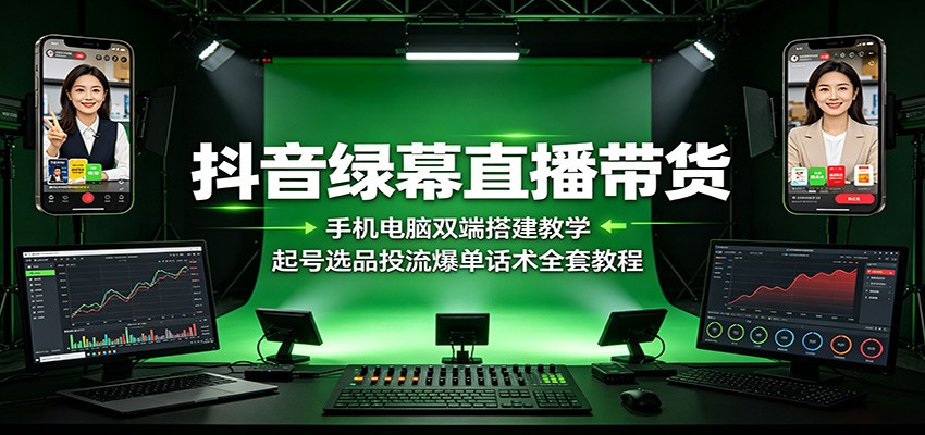 抖音绿幕直播带货:手机电脑双端搭建教学,起号选品投流爆单话术全套教程-御文网